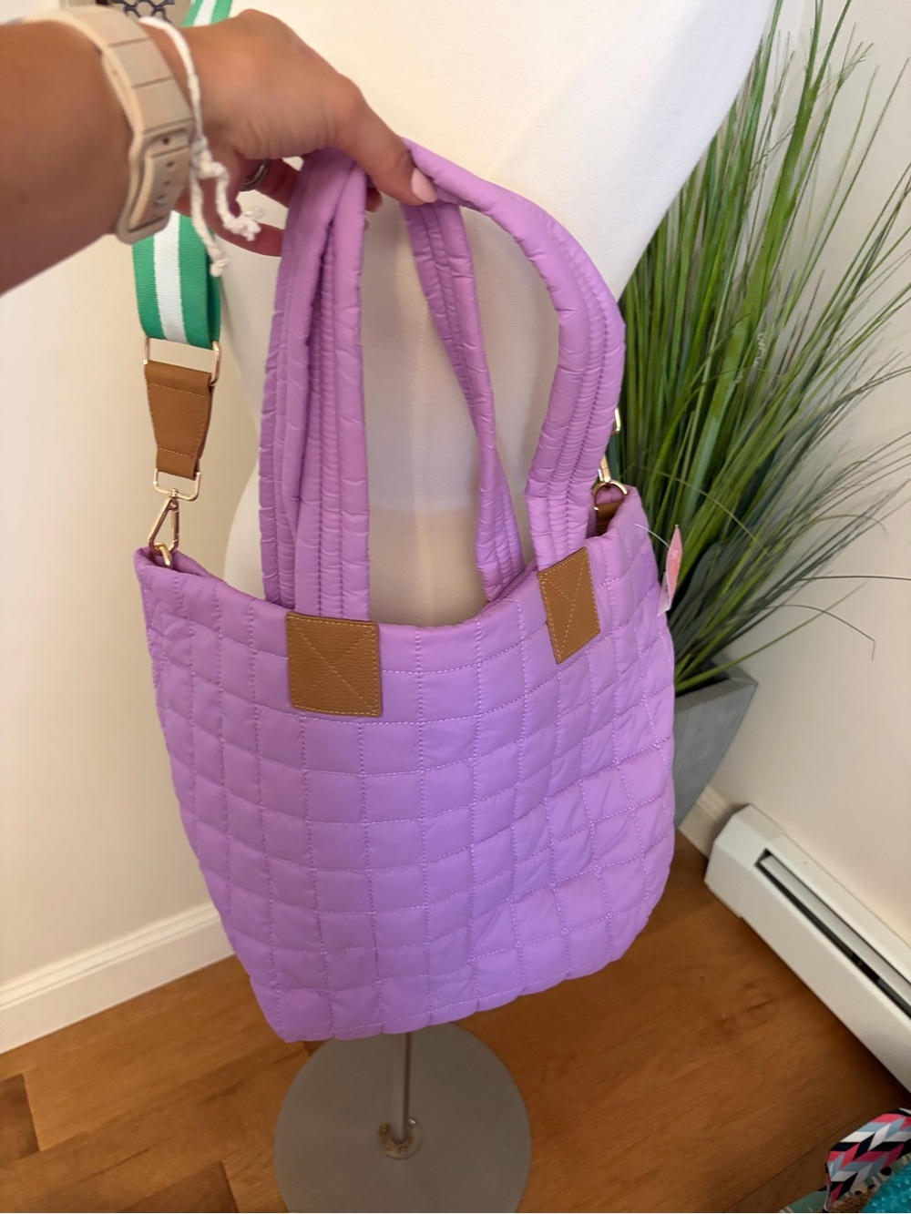 Quilted Lilac Tote Bag with Removable Strap